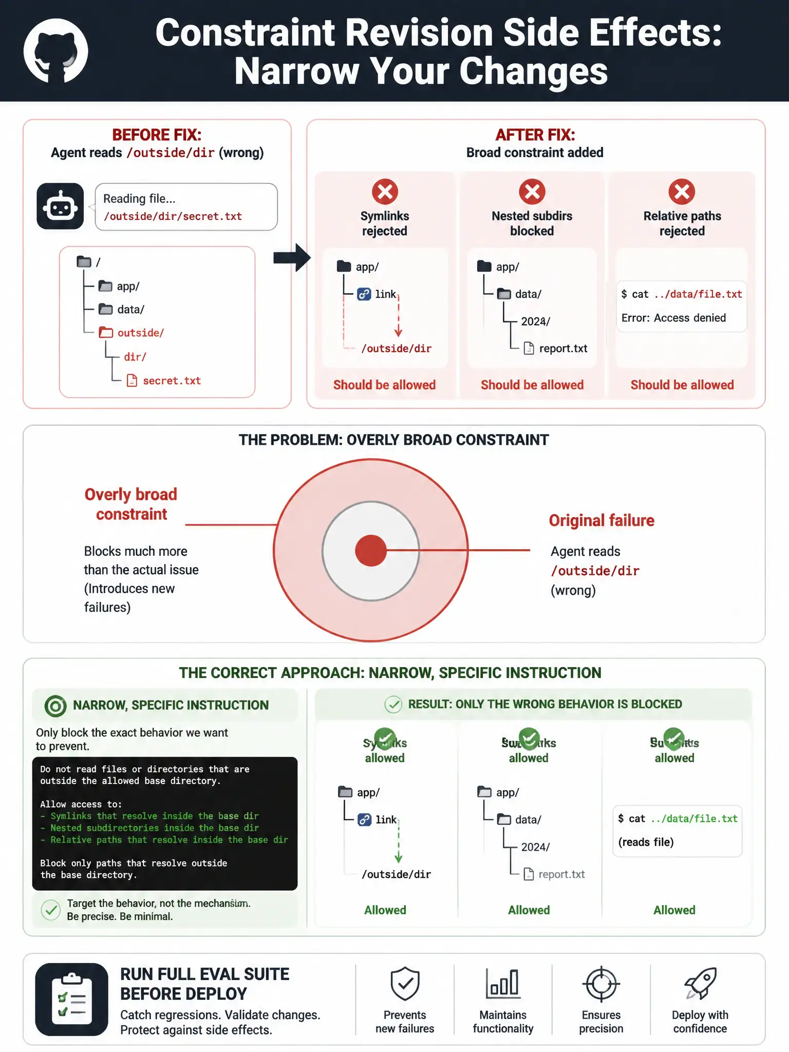 1536x2048 portrait educational infographic titled 'Constraint Revision Side Effects: Narrow Your Changes'. Top section shows a before/after comparison: 'Before Fix: Agent reads /outside/dir (wrong)'. 'After Fix: Broad constraint added'. Three new failures shown: 'Symlinks rejected', 'Nested subdirs blocked', 'Relative paths rejected'. Center shows a target/bullseye graphic: 'Original failure' (small red dot in center), 'Overly broad constraint' (large red circle covering much more). Bottom shows correct approach: 'Narrow, Specific Instruction' targeting only the exact behavior to block, plus 'Run Full Eval Suite Before Deploy'. Green zone shows symlinks/subdirs/relative paths now correctly allowed. GitHub palette, red/green contrast.