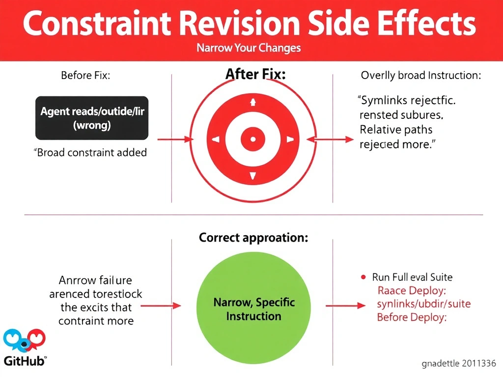2048x1536 landscape educational infographic titled 'Constraint Revision Side Effects: Narrow Your Changes'. Top section shows a before/after comparison: 'Before Fix: Agent reads /outside/dir (wrong)'. 'After Fix: Broad constraint added'. Three new failures shown: 'Symlinks rejected', 'Nested subdirs blocked', 'Relative paths rejected'. Center shows a target/bullseye graphic: 'Original failure' (small red dot in center), 'Overly broad constraint' (large red circle covering much more). Bottom shows correct approach: 'Narrow, Specific Instruction' targeting only the exact behavior to block, plus 'Run Full Eval Suite Before Deploy'. Green zone shows symlinks/subdirs/relative paths now correctly allowed. GitHub palette, red/green contrast.