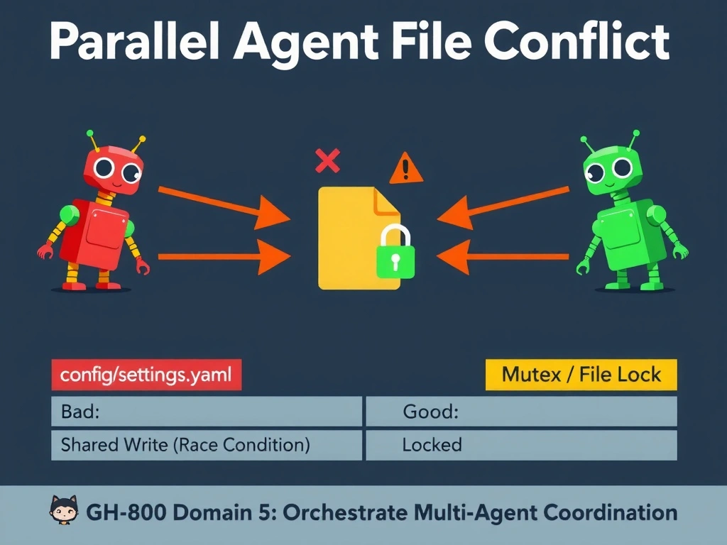 2048x1536 landscape infographic titled 'File Ownership and Task Sequencing in Multi-Agent Systems'. Left panel labeled 'BAD': orchestrator assigns Agent A and Agent B simultaneously to apiclient.py, both agents shown writing to same file, merge conflict shown in red, broken function calls, human intervention required. Right panel labeled 'FIX — Sequential Dependency': orchestrator task graph showing Agent A runs first (updates signatures), commits to repo, Agent B starts only after Agent A completes (reads new signatures, updates callers), clean merge, green checkmark. Bottom: 'Sequential when output-dependent. File ownership when independent.' GitHub dark palette.
