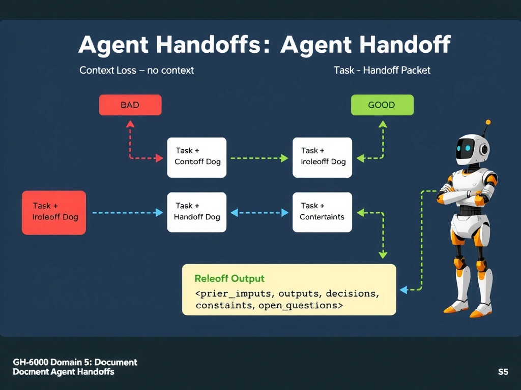 2048x1536 landscape infographic titled 'Structured Handoff Documentation in Multi-Agent Pipelines'. Left panel labeled 'BAD': three agents connected by arrows showing only PR URL passed between them, Agent C bubble showing contradictory summary, missing security note marked in red, re-asking already-answered questions. Right panel labeled 'GOOD': same pipeline with handoff document icon passed between each agent, document contents listed — Agent A Findings, Agent B Findings, Open Questions, Decisions Made. Agent C receives full context, generates accurate integrated summary in green. Bottom: handoff document schema snippet. GitHub dark palette.