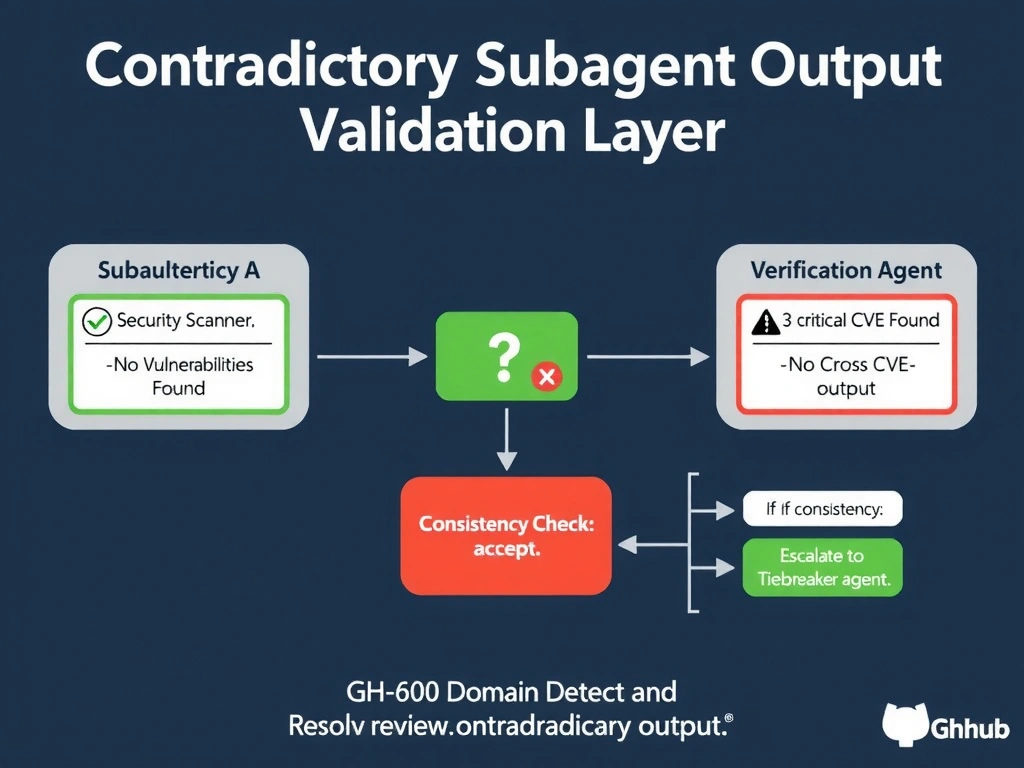 A wide educational infographic (2048x1536 landscape) titled 'Contradictory Subagent Output: Missing Validation Layer' showing an orchestrator agent in the center. On the left, Subagent A (Security Scanner) sends a green checkmark report labeled 'No Vulnerabilities Found'. On the right, Verification Agent sends a red warning report labeled '3 Critical CVEs Found'. The orchestrator in the center is shown with a question mark and incorrectly accepting the green report, with a red X labeled 'No Cross-Validation'. Below this, show the corrected design: the orchestrator has a 'Consistency Check' box between it and the final output, with a branching path — if consistent: accept; if contradictory: escalate to human review or tiebreaker agent. Use GitHub dark navy background, red for the missing step, green for the corrected flow, clean icons, and footer 'GH-600 Domain 5: Detect and Resolve Contradictory Outputs'.