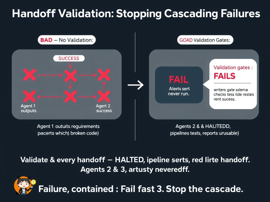 2048x1536 landscape infographic titled 'Handoff Validation: Stopping Cascading Failures'. Left panel labeled 'BAD — No Validation': Agent 1 outputs malformed requirements (red X), passes to Agent 2 which generates broken code (red X) and reports SUCCESS, passes to Agent 3 which writes tests for broken code (red X) and reports SUCCESS, entire output unusable. Right panel labeled 'GOOD — Validation Gates': Agent 1 outputs malformed requirements, validation gate checks schema → FAILS, pipeline HALTED, alert sent, Agents 2 & 3 never run, failure contained at first handoff. Bottom: 'Validate at every handoff. Fail fast. Stop the cascade.' GitHub dark palette.