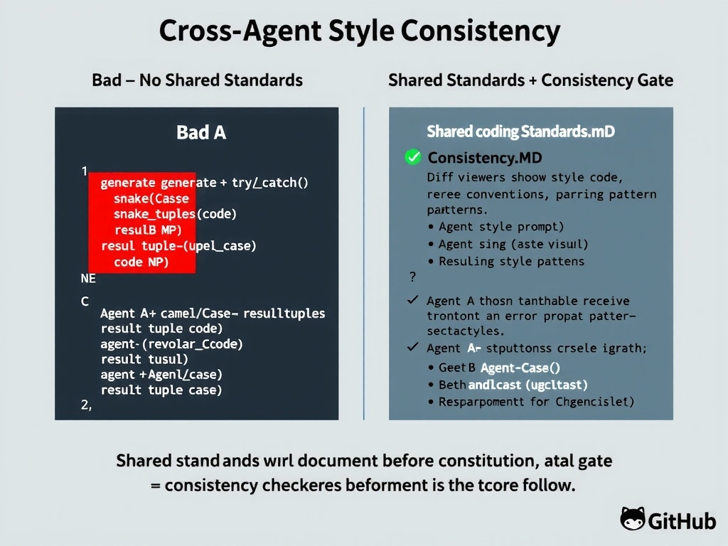 2048x1536 landscape infographic titled 'Cross-Agent Style Consistency'. Left panel labeled 'BAD — No Shared Standards': Agent A generates camelCase + try/catch code, Agent B generates snakecase + result tuples code, integration shows jarring style clash, diff viewer highlighting inconsistencies in red. Right panel labeled 'GOOD — Shared Standards + Consistency Gate': shared coding-standards.md shown with naming conventions, error handling patterns, Agent A and Agent B both receive standards in system prompt, outputs align visually, consistency checker gate shown before integration with green checkmark. Bottom: 'Shared standards document = the constitution both agents follow.' GitHub dark palette.