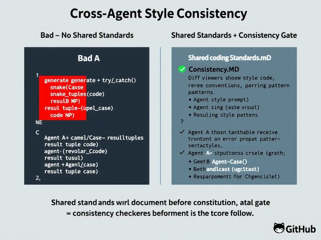2048x1536 landscape infographic titled 'Cross-Agent Style Consistency'. Left panel labeled 'BAD — No Shared Standards': Agent A generates camelCase + try/catch code, Agent B generates snakecase + result tuples code, integration shows jarring style clash, diff viewer highlighting inconsistencies in red. Right panel labeled 'GOOD — Shared Standards + Consistency Gate': shared coding-standards.md shown with naming conventions, error handling patterns, Agent A and Agent B both receive standards in system prompt, outputs align visually, consistency checker gate shown before integration with green checkmark. Bottom: 'Shared standards document = the constitution both agents follow.' GitHub dark palette.