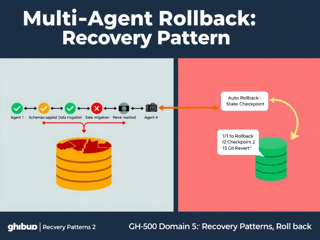 A wide educational infographic (2048x1536 landscape) titled 'Multi-Agent Rollback: Recovery Pattern' showing a horizontal pipeline with four stages: Agent 1 (green checkmark, 'Schema change applied'), Agent 2 (green checkmark, 'Data migration complete'), Agent 3 (red X, 'FAILED — mid-migration'), Agent 4 (gray, 'Never reached'). A database cylinder below the pipeline shows a broken inconsistent state with red hatching. On the right, show the correct design: the same four agents, but each has a camera/snapshot icon labeled 'State Checkpoint' before it executes. Agent 3 fails, and a curved rollback arrow labeled 'Auto-Rollback to Checkpoint 2' reverts the database to the clean pre-Agent-3 state (green cylinder). A small callout box lists rollback options: '(1) Database Transaction | (2) Checkpoint Snapshot | (3) Git Revert'. Use GitHub dark navy background, red for the failure scenario, green for the checkpoint/rollback design, amber for the rollback arrow, and footer 'GH-600 Domain 5: Recovery Patterns — Rollback'.
