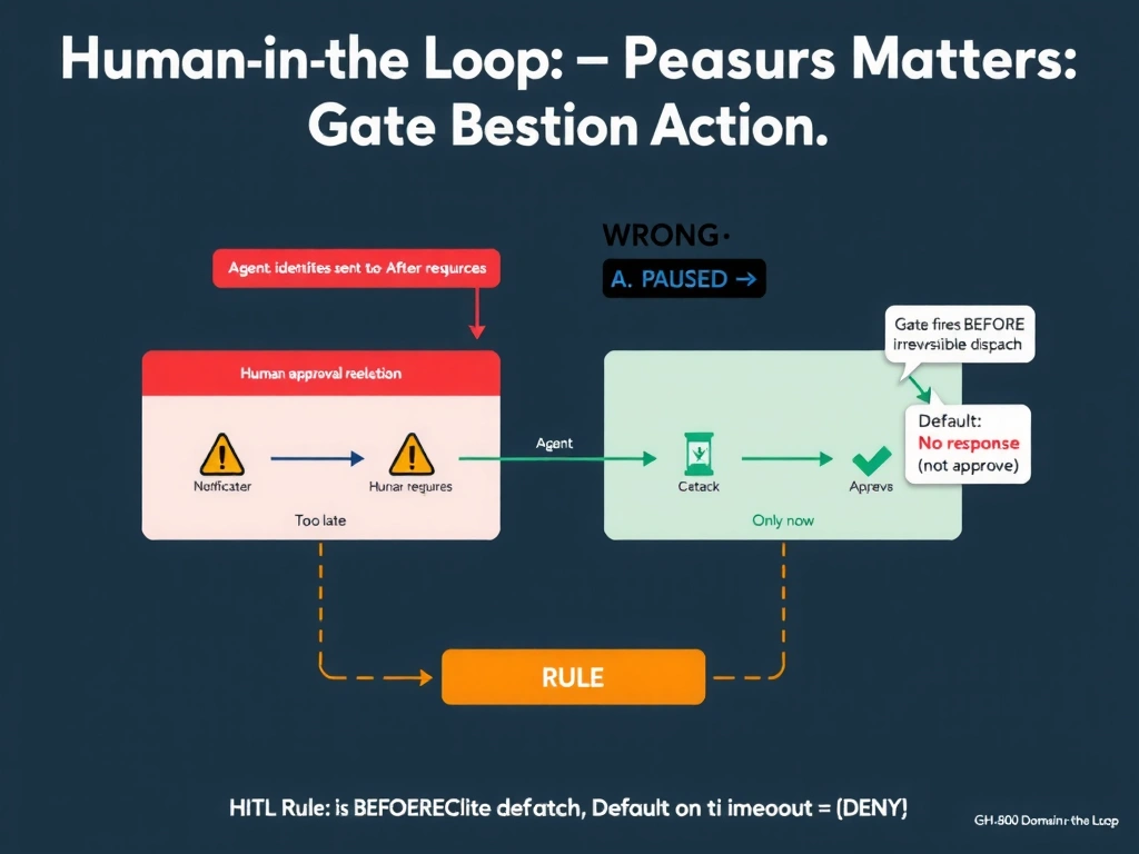 A wide educational infographic (2048x1536 landscape) titled 'Human-in-the-Loop: Gate Position Matters' with two vertical pipeline diagrams side by side. Left diagram (labeled 'WRONG — Gate After Action'): shows step 1 'Agent deletes cloud resources' (red destructive action), then step 2 'Notification sent to human' (too late warning triangle), then step 3 'Human approves/rejects' (gray, irrelevant). A red banner reads 'Irreversible action already taken'. Right diagram (labeled 'CORRECT — Gate Before Action'): shows step 1 'Orchestrator identifies irreversible action', step 2 'PAUSE — Human approval required' (amber gate icon with hourglass), step 3 'Human reviews context and approves' (green checkmark), step 4 'Agent executes deletion' (only now). A callout on the right shows default timeout behavior: 'No response → CANCEL (not approve)'. Below both diagrams, a rule box reads: 'HITL Rule: Gate fires BEFORE irreversible dispatch. Default on timeout = DENY.' Use GitHub dark navy background, red for the wrong sequence, green for the correct sequence, amber for the pause/gate, and footer 'GH-600 Domain 5: Human-in-the-Loop — Recovery Patterns'.