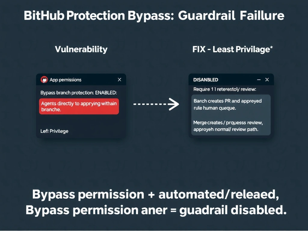 2048x1536 landscape infographic titled 'Branch Protection Bypass: Guardrail Failure'. Left panel labeled 'VULNERABILITY': GitHub App permissions dialog showing 'Bypass branch protection: ENABLED' highlighted in red, agent merging directly to main branch without reviews shown as direct arrow bypassing PR review queue, branch protection rule 'Require 1 approving review' shown as bypassed/useless. Right panel labeled 'FIX — Least Privilege': same dialog showing 'Bypass branch protection: DISABLED', agent creates PR and requests review, human approves, merge proceeds through normal review path. Bottom: 'Bypass permission + automated agent = guardrail disabled.' GitHub dark palette.