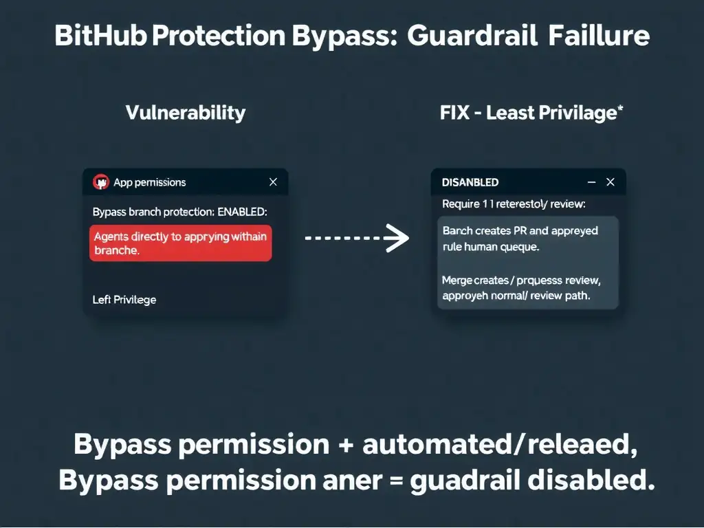 2048x1536 landscape infographic titled 'Branch Protection Bypass: Guardrail Failure'. Left panel labeled 'VULNERABILITY': GitHub App permissions dialog showing 'Bypass branch protection: ENABLED' highlighted in red, agent merging directly to main branch without reviews shown as direct arrow bypassing PR review queue, branch protection rule 'Require 1 approving review' shown as bypassed/useless. Right panel labeled 'FIX — Least Privilege': same dialog showing 'Bypass branch protection: DISABLED', agent creates PR and requests review, human approves, merge proceeds through normal review path. Bottom: 'Bypass permission + automated agent = guardrail disabled.' GitHub dark palette.