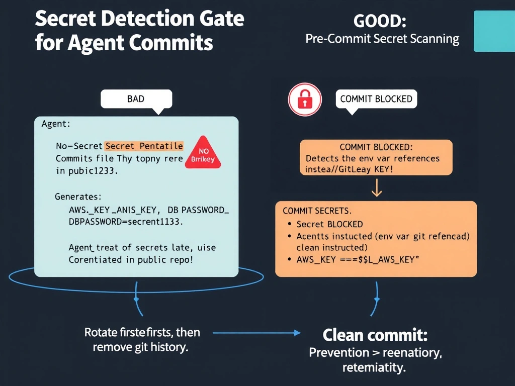 2048x1536 landscape infographic titled 'Secret Detection Gate for Agent Commits'. Left panel labeled 'BAD — No Secret Detection': agent generates config file with AWSKEY=AKIA..., DBPASSWORD=secret123, private key block, commits directly to public repo, red BREACH warning icon, 'Credentials exposed in git history.' Right panel labeled 'GOOD — Pre-Commit Secret Scanning': agent prepares commit, secret scanner intercepts (TruffleHog/GitLeaks icon), detects 3 secrets, COMMIT BLOCKED, agent instructed to use env var references instead (AWSKEY=${AWSKEY}), clean commit proceeds. Bottom: 'Rotate first, then remove from history. Prevention > remediation.' GitHub dark palette.