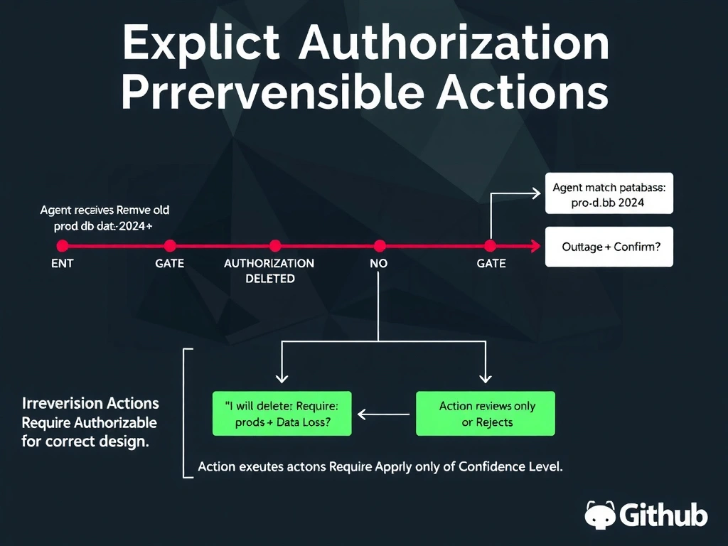 2048x1536 landscape educational infographic titled 'Explicit Authorization for Irreversible Actions'. Center shows a critical incident timeline: 'Agent receives: Remove old test databases' → 'Agent matches pattern: prod-db-2024' → [NO GATE] → 'Production database DELETED' → 'Outage + Data Loss'. Below the incident, the correct design: same scenario but now with an 'AUTHORIZATION GATE' inserted: agent presents 'I will delete: prod-db-2024. Confirm?' → Human reviews → Approves or Rejects → Action executes only on explicit approval. Left sidebar: 'Irreversible Actions Require Authorization Regardless of Confidence Level'. Color: red timeline for incident, green for correct flow with gate. GitHub dark palette.