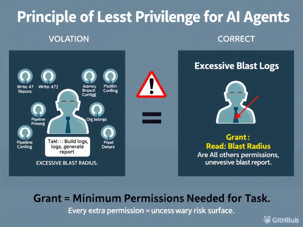 2048x1536 landscape educational infographic titled 'Principle of Least Privilege for AI Agents'. Left panel shows VIOLATION: agent icon surrounded by excessive permission badges — 'Write: 47 Repos', 'Admin: CI/CD', 'Modify Branch Protection', 'Pipeline Config', 'Org Settings'. Agent's actual task shown as small label: 'Task: Read build logs, generate report'. Large warning icon: 'EXCESSIVE BLAST RADIUS'. Right panel shows CORRECT: same agent with only 'Read: Build Logs' permission badge. All other permissions shown as revoked (struck through). Center formula: 'Grant = Minimum Permissions Needed for Task'. Bottom: 'Every extra permission = unnecessary risk surface'. GitHub dark palette, clean security-focused design.