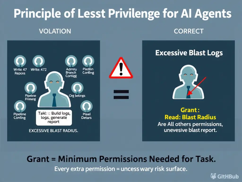 2048x1536 landscape educational infographic titled 'Principle of Least Privilege for AI Agents'. Left panel shows VIOLATION: agent icon surrounded by excessive permission badges — 'Write: 47 Repos', 'Admin: CI/CD', 'Modify Branch Protection', 'Pipeline Config', 'Org Settings'. Agent's actual task shown as small label: 'Task: Read build logs, generate report'. Large warning icon: 'EXCESSIVE BLAST RADIUS'. Right panel shows CORRECT: same agent with only 'Read: Build Logs' permission badge. All other permissions shown as revoked (struck through). Center formula: 'Grant = Minimum Permissions Needed for Task'. Bottom: 'Every extra permission = unnecessary risk surface'. GitHub dark palette, clean security-focused design.