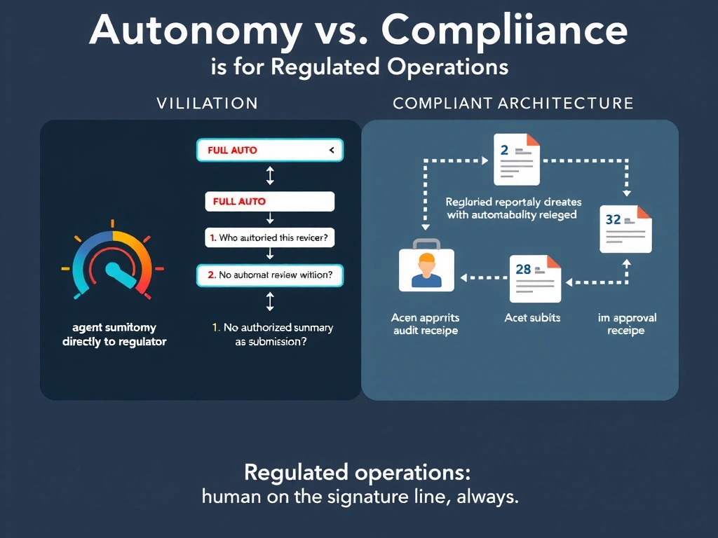 2048x1536 landscape infographic titled 'Autonomy vs. Compliance: Full Auto is Not for Regulated Operations'. Left panel labeled 'VIOLATION': agent autonomy dial turned to FULL AUTO, agent submitting regulatory reports directly to regulator without human review, audit question 'Who authorized this submission?' with empty answer box, two red issue icons: '1. No human review trail' and '2. No accountability chain.' Right panel labeled 'COMPLIANT ARCHITECTURE': agent drafts report, routes to designated reviewer, reviewer gets structured summary + authorization button, human approves with timestamp and identity logged, agent submits with approval receipt, immutable audit trail shown as locked ledger. Bottom: 'Regulated operations: human on the signature line, always.' GitHub dark palette.