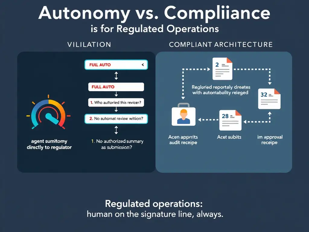 2048x1536 landscape infographic titled 'Autonomy vs. Compliance: Full Auto is Not for Regulated Operations'. Left panel labeled 'VIOLATION': agent autonomy dial turned to FULL AUTO, agent submitting regulatory reports directly to regulator without human review, audit question 'Who authorized this submission?' with empty answer box, two red issue icons: '1. No human review trail' and '2. No accountability chain.' Right panel labeled 'COMPLIANT ARCHITECTURE': agent drafts report, routes to designated reviewer, reviewer gets structured summary + authorization button, human approves with timestamp and identity logged, agent submits with approval receipt, immutable audit trail shown as locked ledger. Bottom: 'Regulated operations: human on the signature line, always.' GitHub dark palette.