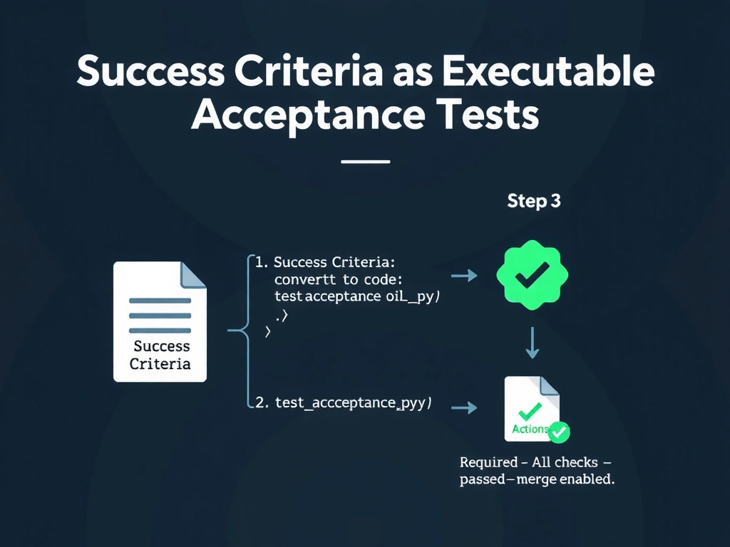 2048x1536 landscape infographic. Title: 'Success Criteria as Executable Acceptance Tests'. Three-step horizontal flow: Step 1 shows a document icon labeled 'Success Criteria' with bullet points converting to a code file labeled 'testacceptance.py'; Step 2 shows a GitHub Actions runner icon executing the test file with a terminal output showing green check marks; Step 3 shows a pull request icon with a required status check badge labeled 'All checks passed — merge enabled'. Arrows connect the steps. Green accent colors, clean flat design.