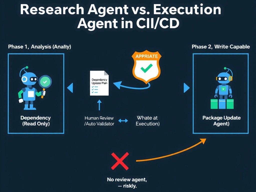 A 2048x1536 landscape infographic titled 'Research Agent vs. Execution Agent in CI/CD'. Left panel labeled 'Phase 1 — Analysis (Read-Only)': a robot icon with magnifying glass labeled 'Dependency Analyzer Agent' scans a monorepo tree diagram. Output arrow leads to a 'Dependency Update Plan' document with a checklist of packages. Center panel: a 'Validation Gate' shield icon with 'Human Review / Auto-Validator' text; green checkmark when approved. Right panel labeled 'Phase 2 — Execution (Write-Capable)': a second robot icon labeled 'Package Update Agent' applies changes to service boxes. Below the whole flow, a red X path showing a single-agent design going directly from scan to commit with a warning: 'No review gate — risky'. Dark background, flat design, blue and orange accent colors.