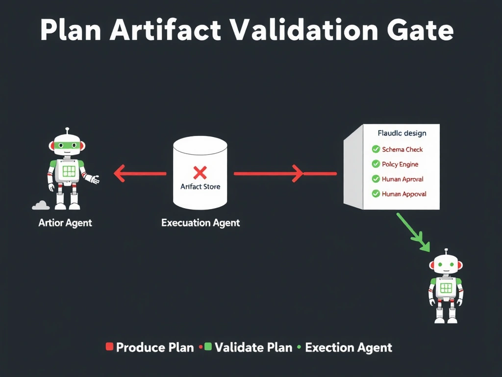 A 2048x1536 landscape infographic titled 'Plan Artifact Validation Gate'. Left: a 'Planning Agent' robot writes a JSON document to a cylinder labeled 'Artifact Store'. In the flawed design (red path), an arrow goes directly from the store to an 'Execution Agent' robot that immediately deploys resources — a red X and warning symbol overlay this path. In the correct design (green path), the JSON document exits the store and enters a 'Validation Gate' box showing three parallel checks: 'Schema Check', 'Policy Engine', 'Human Approval' — all with green checkmarks. Only after the gate does a green arrow reach the Execution Agent. Footer: 'Produce Plan → Validate Plan → Execute Plan'. Dark background, flat design, red/green accent palette.