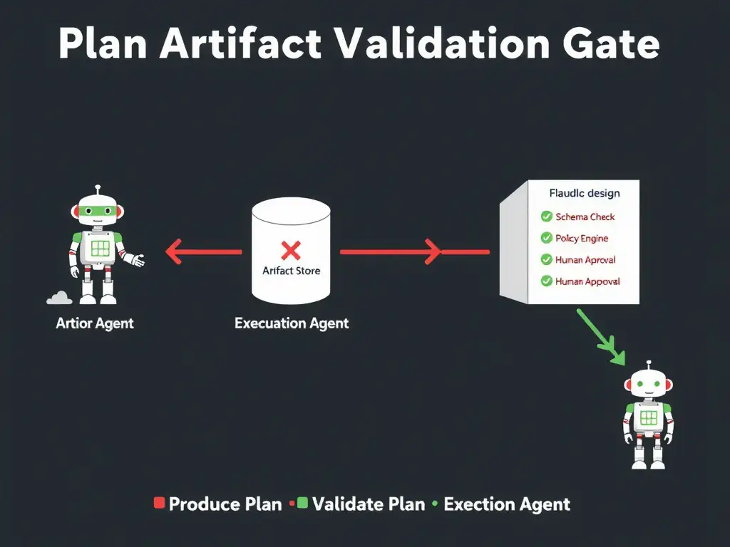 A 2048x1536 landscape infographic titled 'Plan Artifact Validation Gate'. Left: a 'Planning Agent' robot writes a JSON document to a cylinder labeled 'Artifact Store'. In the flawed design (red path), an arrow goes directly from the store to an 'Execution Agent' robot that immediately deploys resources — a red X and warning symbol overlay this path. In the correct design (green path), the JSON document exits the store and enters a 'Validation Gate' box showing three parallel checks: 'Schema Check', 'Policy Engine', 'Human Approval' — all with green checkmarks. Only after the gate does a green arrow reach the Execution Agent. Footer: 'Produce Plan → Validate Plan → Execute Plan'. Dark background, flat design, red/green accent palette.