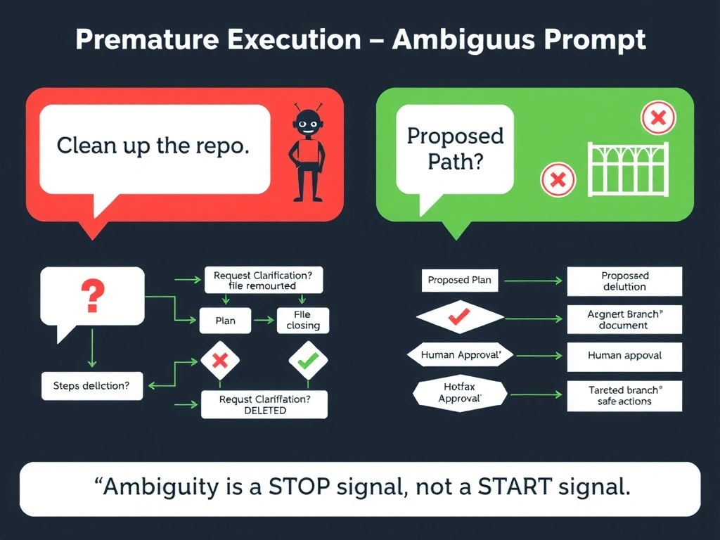 A 2048x1536 landscape infographic titled 'Premature Execution Anti-Pattern — Ambiguous Prompt'. Top: a developer speech bubble reading 'Clean up the repo.' with a question mark overlay. Left (wrong path, red background): agent icon skips clarification and plan boxes, goes directly to action icons — branch deletion, file removal, issue closing — with red X warning symbols and a 'Hotfix Branch DELETED' banner. Right (correct path, green background): same agent receives ambiguous prompt, shows a 'Request Clarification?' decision diamond leading to a 'Proposed Plan' document with a checklist, then a 'Human Approval' gate, then targeted safe actions with green checkmarks. Bottom quote: 'Ambiguity is a STOP signal, not a START signal.' Dark background, flat design, red and green accents.