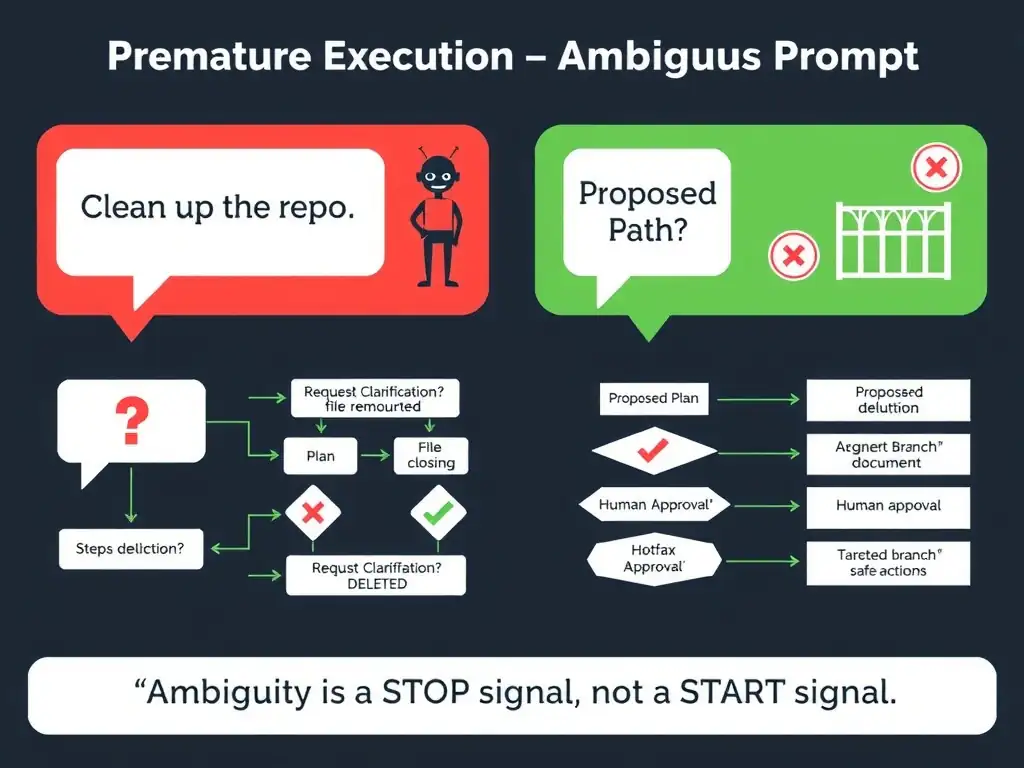 A 2048x1536 landscape infographic titled 'Premature Execution Anti-Pattern — Ambiguous Prompt'. Top: a developer speech bubble reading 'Clean up the repo.' with a question mark overlay. Left (wrong path, red background): agent icon skips clarification and plan boxes, goes directly to action icons — branch deletion, file removal, issue closing — with red X warning symbols and a 'Hotfix Branch DELETED' banner. Right (correct path, green background): same agent receives ambiguous prompt, shows a 'Request Clarification?' decision diamond leading to a 'Proposed Plan' document with a checklist, then a 'Human Approval' gate, then targeted safe actions with green checkmarks. Bottom quote: 'Ambiguity is a STOP signal, not a START signal.' Dark background, flat design, red and green accents.