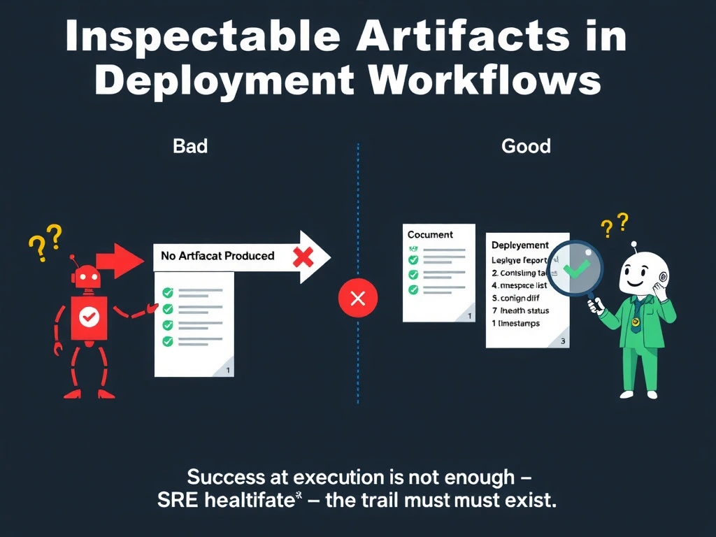 A 2048x1536 landscape infographic titled 'Inspectable Artifacts in Deployment Workflows'. Left (red, bad design): a robot 'Deployment Agent' arrow pointing to three environment boxes (Dev, Staging, Prod) with green checkmarks, but an empty document with a red X labeled 'No Artifact Produced'. SRE team icon with confused question marks. Right (green, good design): same agent deploying to three environments, but outputting a structured 'Deployment Report' document containing: container image tags, namespace list, config diff, pre/post health status, timestamps. SRE team icon with magnifying glass reviewing the report with a checkmark. Footer: 'Success at execution is not enough — the trail must exist.' Dark background, flat design, red and green accents.