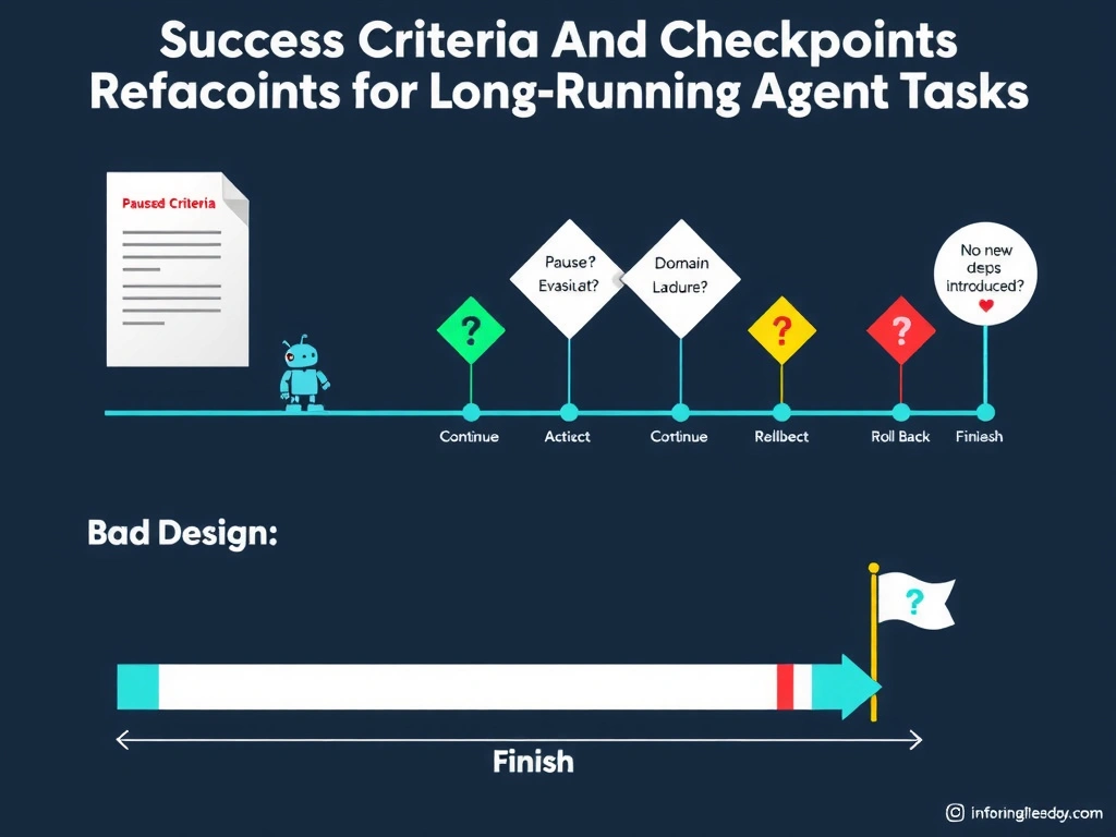 A 2048x1536 landscape infographic titled 'Success Criteria and Checkpoints for Long-Running Agent Tasks'. Center: a horizontal timeline bar representing a multi-hour refactoring pipeline. Agent robot icon moves left-to-right along the timeline. At each of four checkpoint flags along the bar, a 'Pause & Evaluate' decision diamond appears with three exit paths: green 'Continue', yellow 'Redirect', red 'Roll Back'. Each checkpoint shows sample criteria: 'Tests passing?', 'Domain boundaries documented?', 'No new deps introduced?', 'Rollback plan exists?'. Left side: a 'Success Criteria Definition' document written before the timeline starts. Right side: a finish flag with checkmark. Bottom: contrast with a bad design showing a featureless bar with no checkpoints and only a question mark at the end. Dark background, flat design, blue and teal accents.