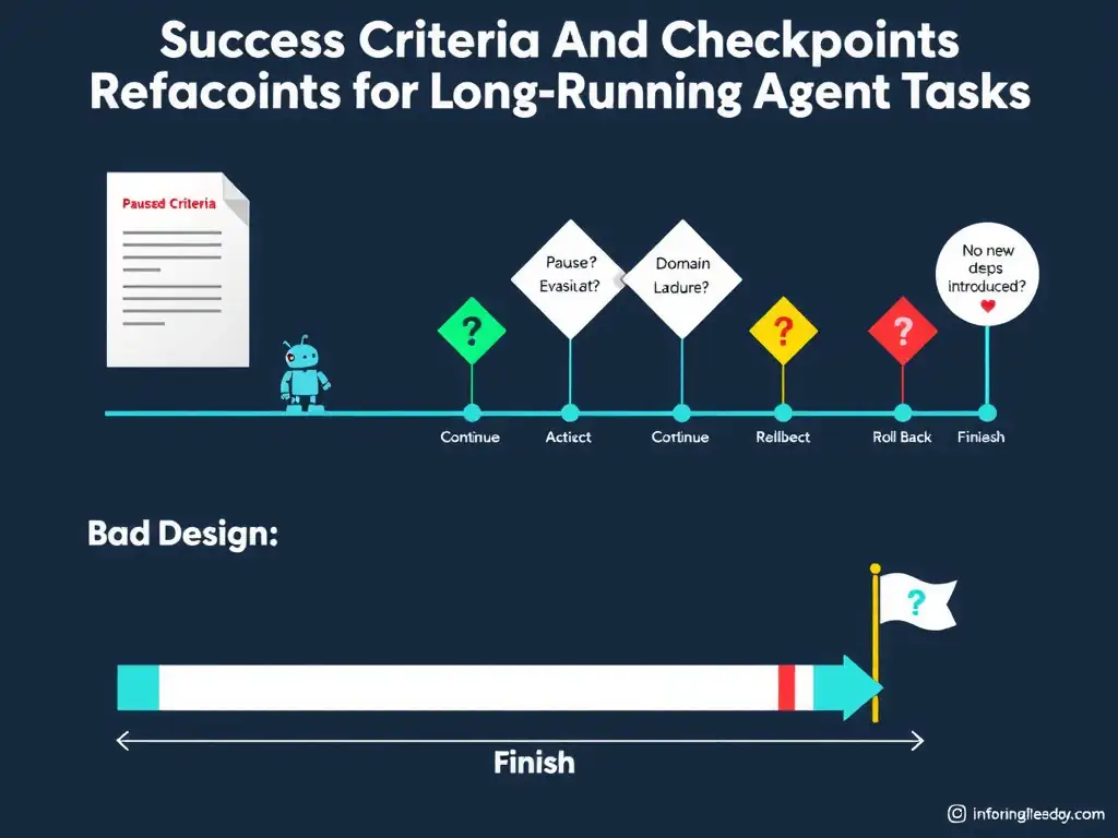 A 2048x1536 landscape infographic titled 'Success Criteria and Checkpoints for Long-Running Agent Tasks'. Center: a horizontal timeline bar representing a multi-hour refactoring pipeline. Agent robot icon moves left-to-right along the timeline. At each of four checkpoint flags along the bar, a 'Pause & Evaluate' decision diamond appears with three exit paths: green 'Continue', yellow 'Redirect', red 'Roll Back'. Each checkpoint shows sample criteria: 'Tests passing?', 'Domain boundaries documented?', 'No new deps introduced?', 'Rollback plan exists?'. Left side: a 'Success Criteria Definition' document written before the timeline starts. Right side: a finish flag with checkmark. Bottom: contrast with a bad design showing a featureless bar with no checkpoints and only a question mark at the end. Dark background, flat design, blue and teal accents.