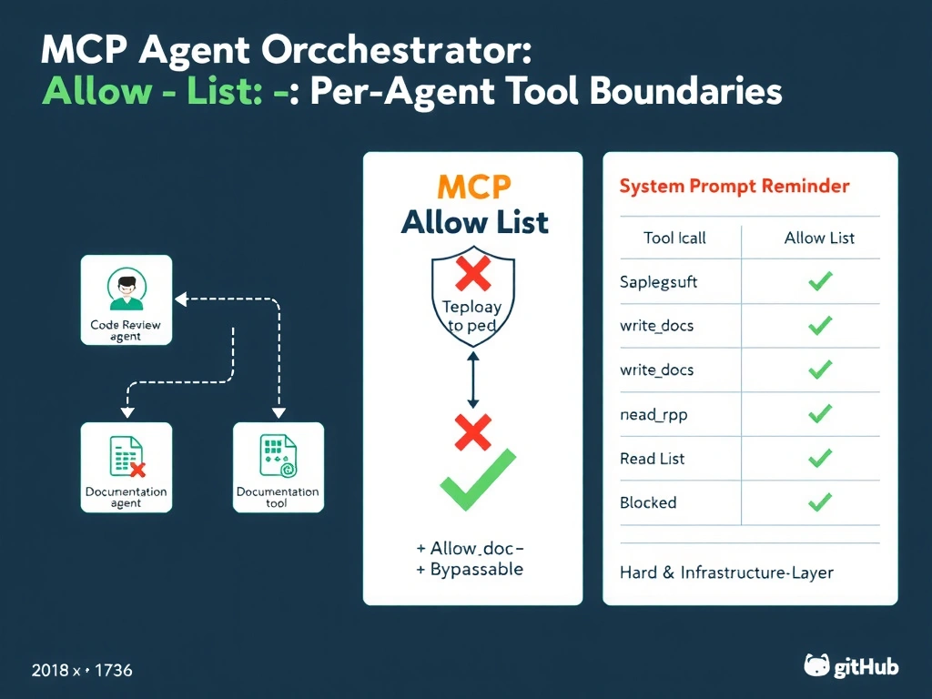 Landscape 2048x1536 infographic titled 'MCP Allow List: Per-Agent Tool Boundaries'. Left panel shows an orchestrator agent node connected by arrows to three sub-agent nodes labeled Code Review, Documentation, and Deployment. Center panel shows a shield icon labeled MCP Allow List intercepting a tool call arrow from the Documentation agent to a deploytoprod tool, with a red X blocking it. A green checkmark shows the same agent successfully calling writedocs and readrepo. Right panel shows a comparison table: System Prompt Reminder equals Soft and Bypassable versus Allow List equals Hard and Infrastructure-Layer. Color scheme: GitHub dark navy, green for allowed, red for blocked. Clean flat design with icons for each agent type.
