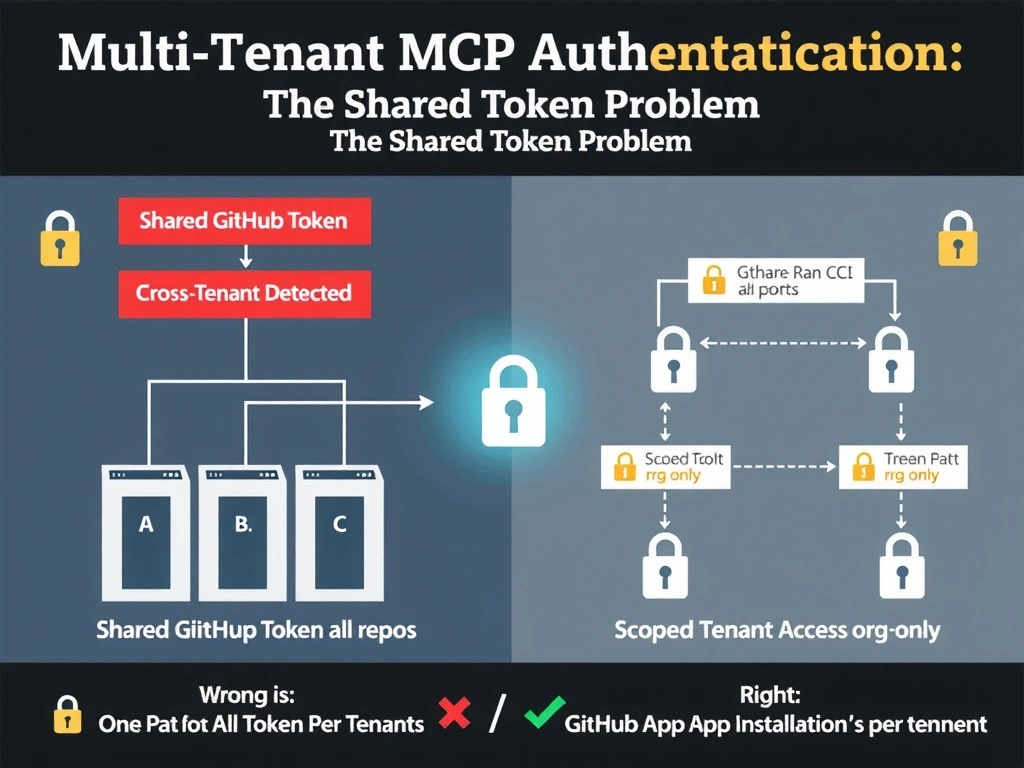 Landscape 2048x1536 infographic titled 'Multi-Tenant MCP Authentication: The Shared Token Problem'. Left side shows three tenant boxes (Tenant A, B, C) each with their own CI pipeline, but all three pipelines connected to a single large key icon labeled Shared GitHub Token all repos. A red warning banner shows Cross-Tenant Access Detected. Right side shows the correct architecture: each tenant pipeline has its own key icon labeled Scoped Token org-only connecting to the GitHub Remote MCP Server, with green checkmarks. Bottom shows a comparison: Wrong is One PAT for all tenants versus Right is GitHub App installation token per tenant. Clean flat design, GitHub color scheme, lock and key iconography throughout.