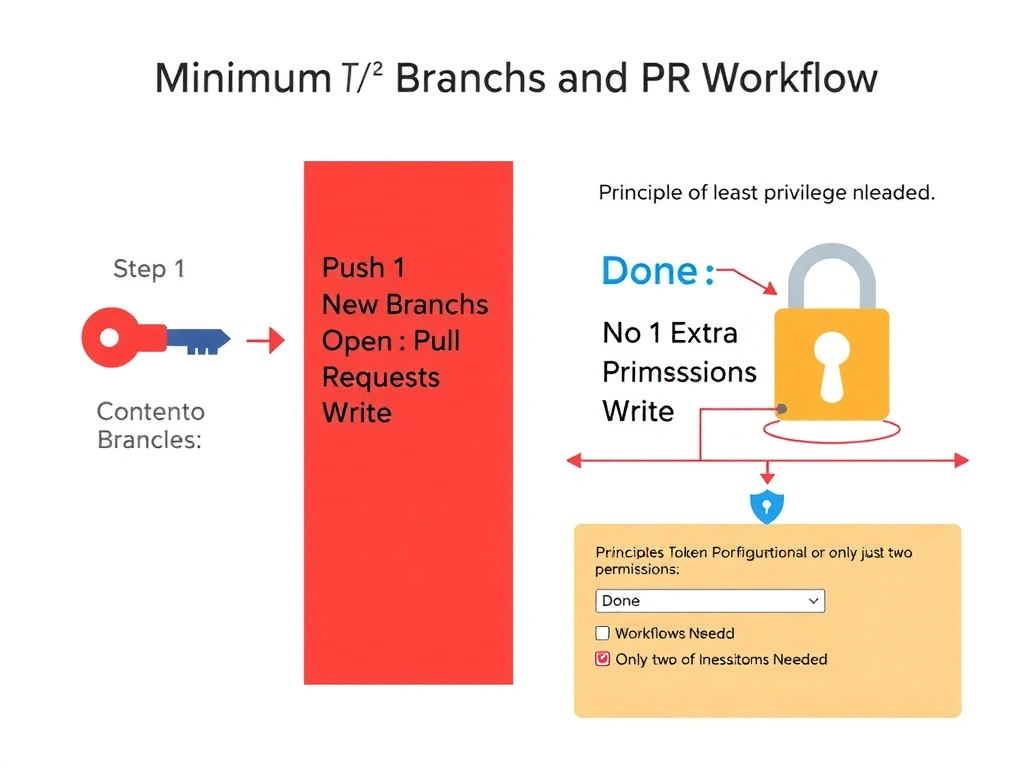 Landscape 2048x1536 infographic titled 'Minimum Token Permissions for Agent Branch and PR Workflow'. Center shows a three-step flow: Step 1 Push to New Branch with key icon labeled Contents Write, Step 2 Open Pull Request with key icon labeled Pull Requests Write, Step 3 Done No Extra Permissions Needed. Left side shows a red column of unnecessary permissions crossed out: Administration Write, Workflows Write, Checks Write. Right side shows a principle of least privilege diagram with a lock minimized to just two keys. Bottom shows a GitHub token configuration UI mockup with only the two correct permissions checked. Clean flat design, GitHub Octocat colors, permission shield icons.