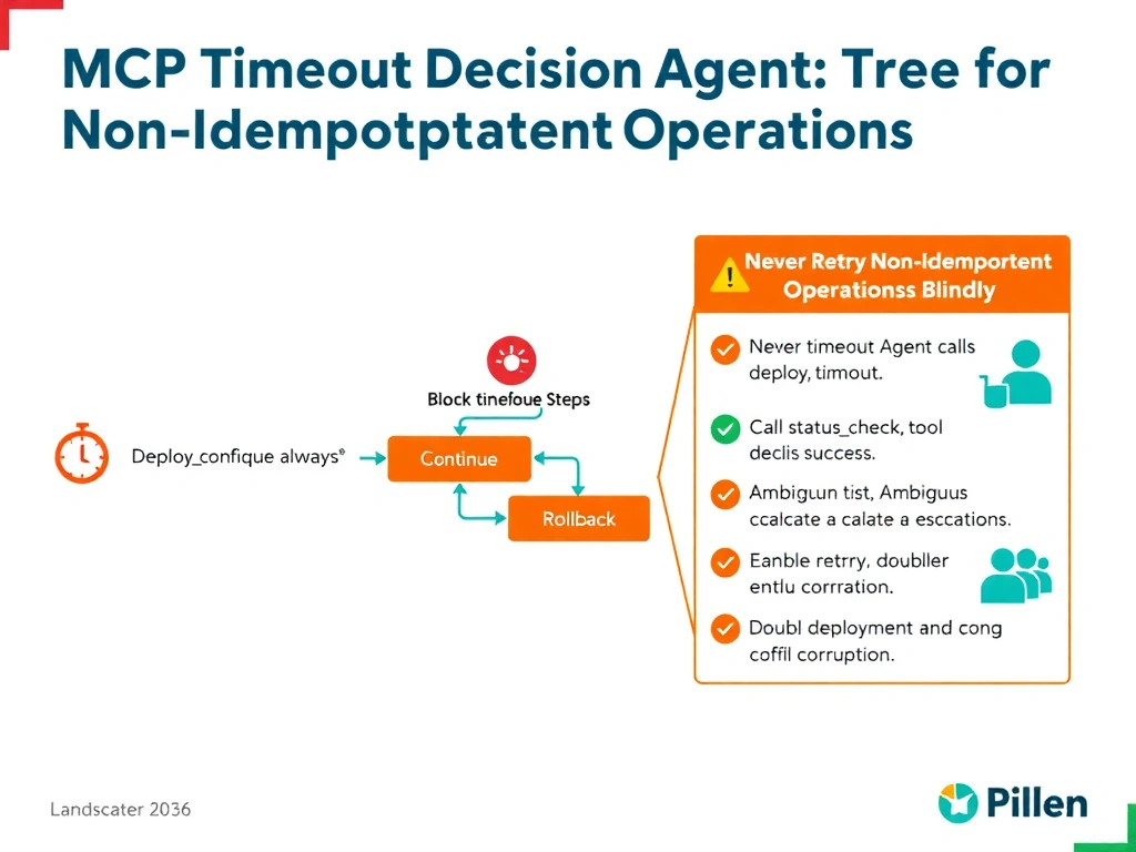 Landscape 2048x1536 infographic titled 'MCP Timeout: Decision Tree for Non-Idempotent Operations'. Left panel shows a pipeline flow diagram: Orchestrator Agent calls deployconfig MCP tool, which returns a timeout error shown as a red clock icon. Center shows a decision tree: first node Block Downstream Steps always, second node Call statuscheck tool, branching to three outcomes: Success Continue, Failed Rollback, Ambiguous Escalate to Human. Right panel shows a warning box labeled Never Retry Non-Idempotent Operations Blindly with examples of bad outcomes including double deployment and config corruption. Color scheme: amber for timeout and warning, red for failure, green for success, orange for escalation. Clean flat infographic style.