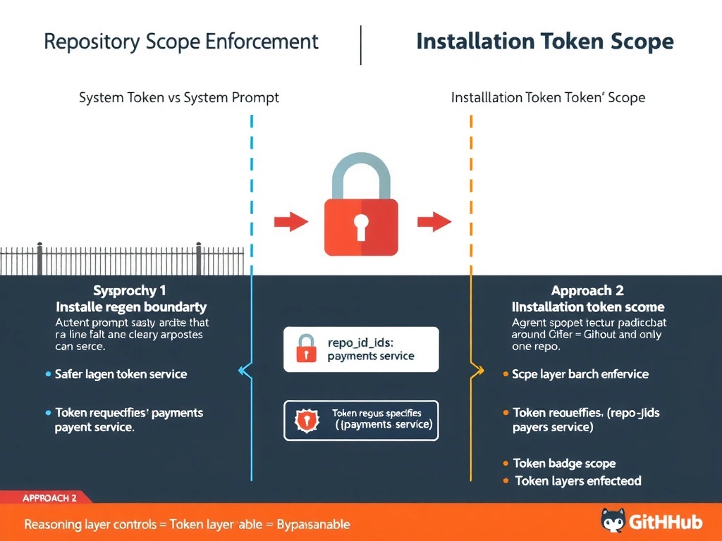 Landscape 2048x1536 infographic titled 'Repository Scope Enforcement: Installation Token vs. System Prompt'. Left side shows two approaches side by side: Approach 1 labeled 'System Prompt Boundary' shows a dotted line fence around payments-service that the agent's arrow can clearly cross; Approach 2 labeled 'Installation Token Scope' shows a solid padlock boundary around payments-service that blocks the agent arrow with a red 403 error badge. Center shows a GitHub App token issuance diagram: token request specifies 'repoids: [payments-service]', resulting token has a scope badge showing only one repo. Right side shows a comparison: 'Reasoning layer controls = bypassable' vs 'Token layer controls = enforced'. GitHub color scheme, lock and shield icons, clean flat design.