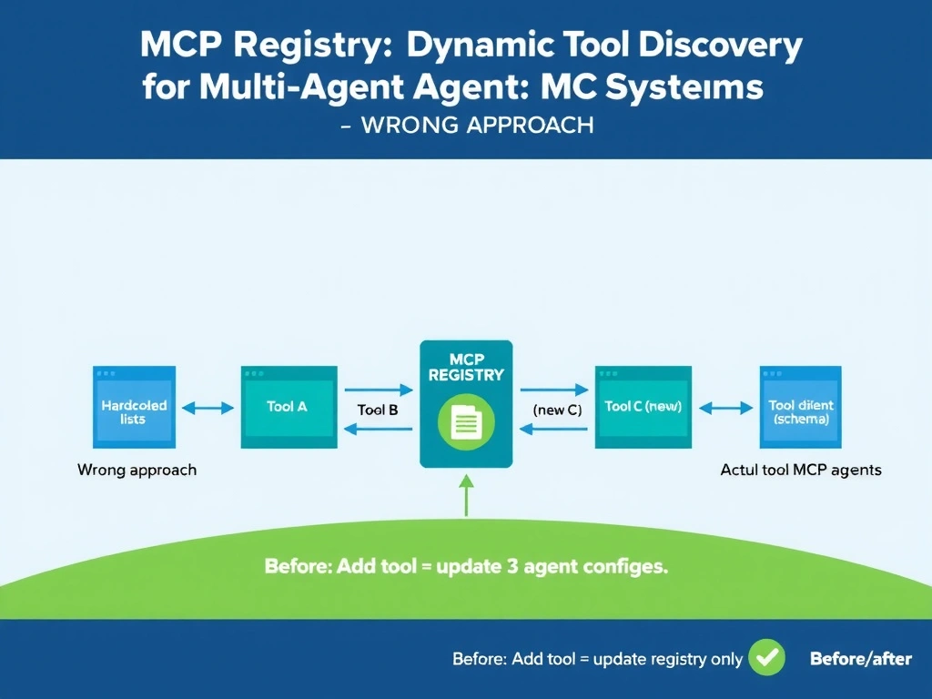 Landscape 2048x1536 infographic titled 'MCP Registry: Dynamic Tool Discovery for Multi-Agent Systems'. Left shows the wrong approach: three agent boxes each with hardcoded tool lists in their system prompts, connected to tool endpoints with brittle direct arrows. Center shows the correct approach: three agent boxes all pointing up to a central 'MCP Registry' server with a catalog icon, which maintains a live list of 'Tool A (schema)', 'Tool B (schema)', 'Tool C (new!) (schema)'. The registry connects down to the actual tool MCP servers. Right shows a before/after: 'Before: Add tool = update 3 agent configs'; 'After: Add tool = update registry only'. Blue and green color scheme, clean flat design, registry shown as a glowing hub node in the center.