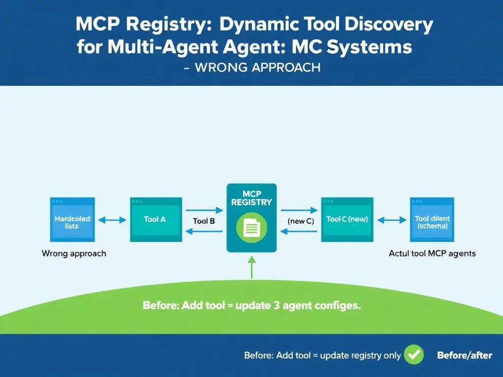 Landscape 2048x1536 infographic titled 'MCP Registry: Dynamic Tool Discovery for Multi-Agent Systems'. Left shows the wrong approach: three agent boxes each with hardcoded tool lists in their system prompts, connected to tool endpoints with brittle direct arrows. Center shows the correct approach: three agent boxes all pointing up to a central 'MCP Registry' server with a catalog icon, which maintains a live list of 'Tool A (schema)', 'Tool B (schema)', 'Tool C (new!) (schema)'. The registry connects down to the actual tool MCP servers. Right shows a before/after: 'Before: Add tool = update 3 agent configs'; 'After: Add tool = update registry only'. Blue and green color scheme, clean flat design, registry shown as a glowing hub node in the center.