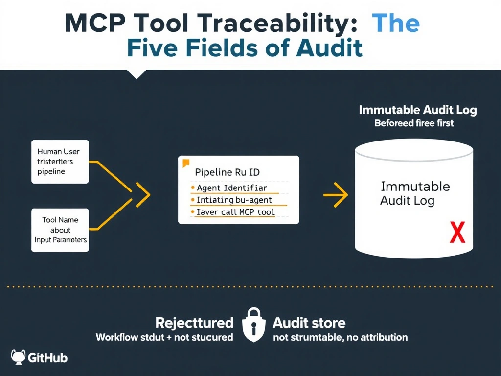 Landscape 2048x1536 infographic titled 'MCP Tool Traceability: The Five Fields of Audit'. Center shows a structured log entry rendered as a document card with five labeled fields highlighted: 'Pipeline Run ID', 'Agent Identifier', 'Initiating User', 'Tool Name', 'Input Parameters'. An arrow shows this log entry being emitted BEFORE the tool call fires. Left side shows a flow: Human User triggers pipeline, orchestrator spawns sub-agent, sub-agent is about to call MCP tool, log entry fires first. Right side shows the audit store as an append-only cylinder labeled 'Immutable Audit Log' with a padlock. Bottom shows a rejected approach: 'Workflow stdout = not structured, mutable, no attribution' with a red X. GitHub dark color scheme, document and shield icons, clean flat design.