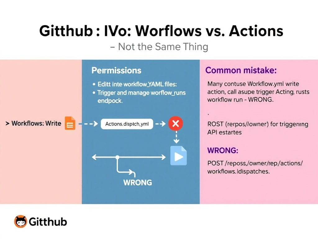 Landscape 2048x1536 infographic titled 'GitHub Permissions: Workflows vs. Actions — Not the Same Thing'. Left panel shows two permission boxes side by side: 'Workflows: Write = Edit workflow YAML files' (with file/pencil icon) and 'Actions: Write = Trigger and manage workflow runs' (with play button icon). Center shows a pipeline: Agent wants to trigger integration-tests.yml → calls workflowdispatch API endpoint → requires Actions: Write permission → workflow run starts. Right panel shows a common mistake column: 'Many confuse Workflows:write for triggering runs — WRONG' with a red X. Bottom shows the API call reference: 'POST /repos/{owner}/{repo}/actions/workflows/{id}/dispatches'. GitHub color scheme, clean flat design, differentiated icons for files vs runs.