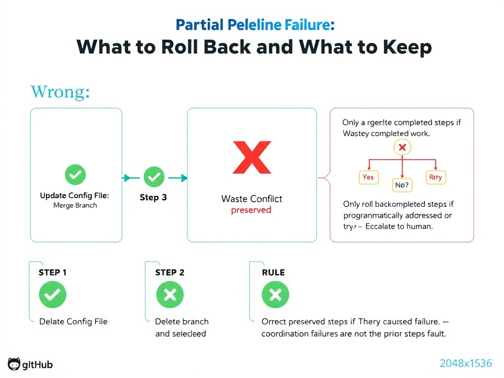 Landscape 2048x1536 infographic titled 'Partial Pipeline Failure: What to Roll Back and What to Keep'. Center shows a three-step pipeline: Step 1 'Update Config File' (green checkmark), Step 2 'Push to Branch' (green checkmark), Step 3 'Merge Branch' (red X — Merge Conflict). Left panel shows wrong response: red X over 'Delete branch and restart' with note 'Wastes completed work'. Center-right shows correct response: 'Branch preserved, conflict addressed or escalated'. Right panel shows a decision tree for conflict resolution: 'Can agent resolve programmatically? Yes → Resolve and retry; No → Escalate to human'. Bottom shows a rule: 'Only roll back completed steps if they caused the failure — coordination failures are not the prior steps' fault'. GitHub color scheme, step-by-step flow diagram, clean flat design.