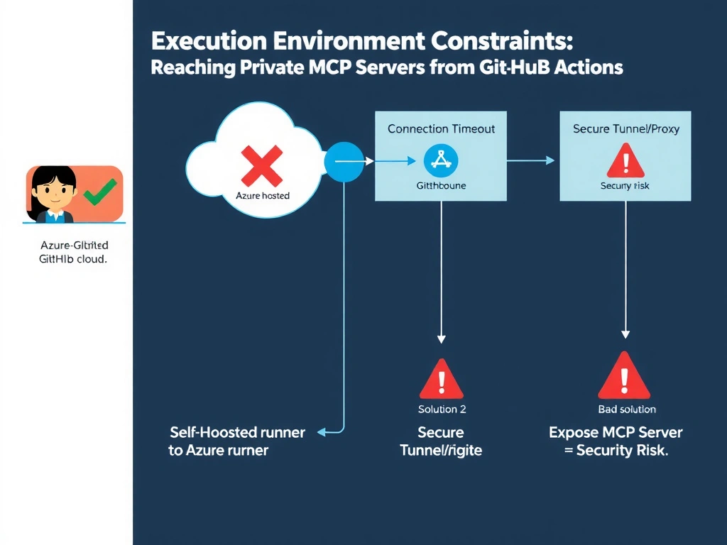 Landscape 2048x1536 infographic titled 'Execution Environment Constraints: Reaching Private MCP Servers from GitHub Actions'. Left panel shows the problem: GitHub-hosted runner in an Azure cloud bubble trying to connect to a Private MCP Server inside a corporate network bubble, with a red X and 'Connection Timeout' label on the connecting arrow. Center shows two correct solutions side by side: Solution 1 'Self-Hosted Runner' shows a runner node deployed inside the private network bubble, with a green checkmark connection to the MCP server; Solution 2 'Secure Tunnel/Proxy' shows a tunnel bridge icon connecting the Azure runner to the private network. Right panel shows the rejected bad solution: 'Expose MCP Server to Internet = Security Risk' with a red warning triangle. Clean flat design, network topology diagram style, GitHub dark navy color scheme.