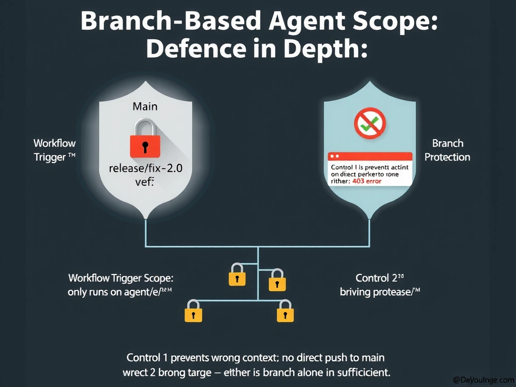Landscape 2048x1536 infographic titled 'Branch-Based Agent Scope: Defense in Depth'. Center shows a repository branch diagram with 'main' (red padlock), 'release/v2.0' (red padlock), and 'agent/fix-auth' (green checkmark). Two control layers are shown as concentric shields: outer shield labeled 'Workflow Trigger Scope: only runs on agent/ refs' and inner shield labeled 'Branch Protection: no direct push to main or release/'. Left shows the agent workflow only activating on agent/ branch events. Right shows a rejected push attempt to main being blocked by branch protection with a 403 error. Bottom shows the defense-in-depth principle: 'Control 1 prevents wrong context; Control 2 prevents wrong target — either alone is insufficient'. GitHub dark color scheme, lock icons, branch tree diagram, clean flat design.
