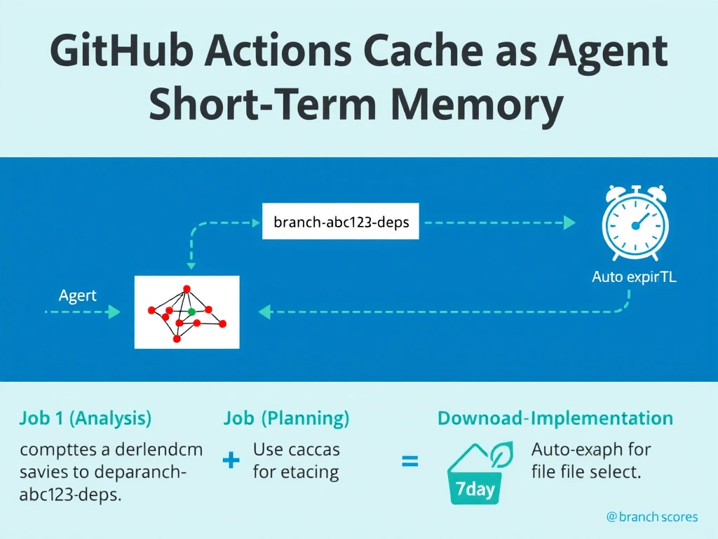 2048x1536 landscape infographic. Title: 'GitHub Actions Cache as Agent Short-Term Memory'. Three-job pipeline diagram: Job 1 (Analysis) computes dependency graph, saves to cache with key 'branch-abc123-deps'; Job 2 (Planning) downloads from cache, uses dependency graph for planning; Job 3 (Implementation) downloads same cache, uses graph for file selection. Cache key formula shown: branch + lockfile-hash. Auto-expiry clock icon showing 7-day TTL. Branch icon showing cache is branch-scoped. Blue and teal color scheme.