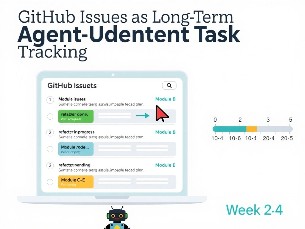 2048x1536 landscape infographic. Title: 'GitHub Issues as Long-Term Agent Task Tracking'. Center shows a GitHub Issues list with 5 module issues: Module A (label: refactor:done, green), Module B (label: refactor:in-progress, yellow), Module C-E (label: refactor:pending, gray). Agent robot icon with API call arrow updating Module B label. Timeline on right shows Week 1-4 with issue state transitions visualized as color changes. Milestone progress bar at top showing 2/5 complete. Clean flat GitHub-style design.