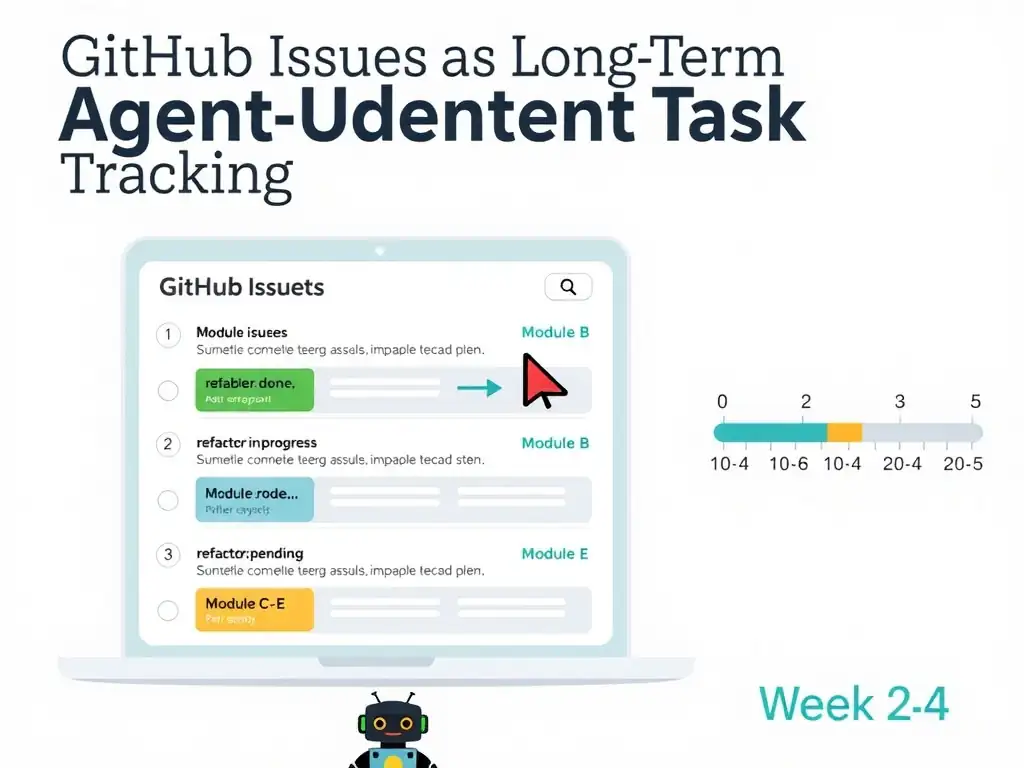 2048x1536 landscape infographic. Title: 'GitHub Issues as Long-Term Agent Task Tracking'. Center shows a GitHub Issues list with 5 module issues: Module A (label: refactor:done, green), Module B (label: refactor:in-progress, yellow), Module C-E (label: refactor:pending, gray). Agent robot icon with API call arrow updating Module B label. Timeline on right shows Week 1-4 with issue state transitions visualized as color changes. Milestone progress bar at top showing 2/5 complete. Clean flat GitHub-style design.