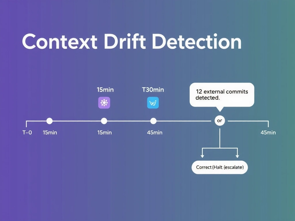 2048x1536 landscape infographic titled 'Context Drift Detection'. Timeline showing an agent starting with a repository snapshot at T=0. At T=15min, T=30min, T=45min, drift-check icons appear. At T=45min, a divergence alert shows 12 external commits detected, with a decision branch: 'Correct (rebase)' or 'Halt (escalate)'. Clean flat design, purple and green palette.