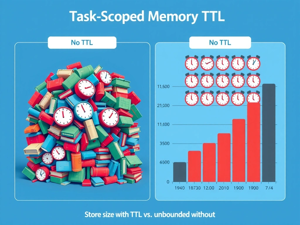 2048x1536 landscape infographic titled 'Task-Scoped Memory TTL'. Left panel: overflowing memory store with dozens of old task entries piling up, labeled 'No TTL'. Right panel: same store with TTL clocks on each entry, expired entries fading out automatically, active entries highlighted. Bar chart showing store size over time — flat with TTL vs. unbounded without. Clean flat design, blue and red/green palette.