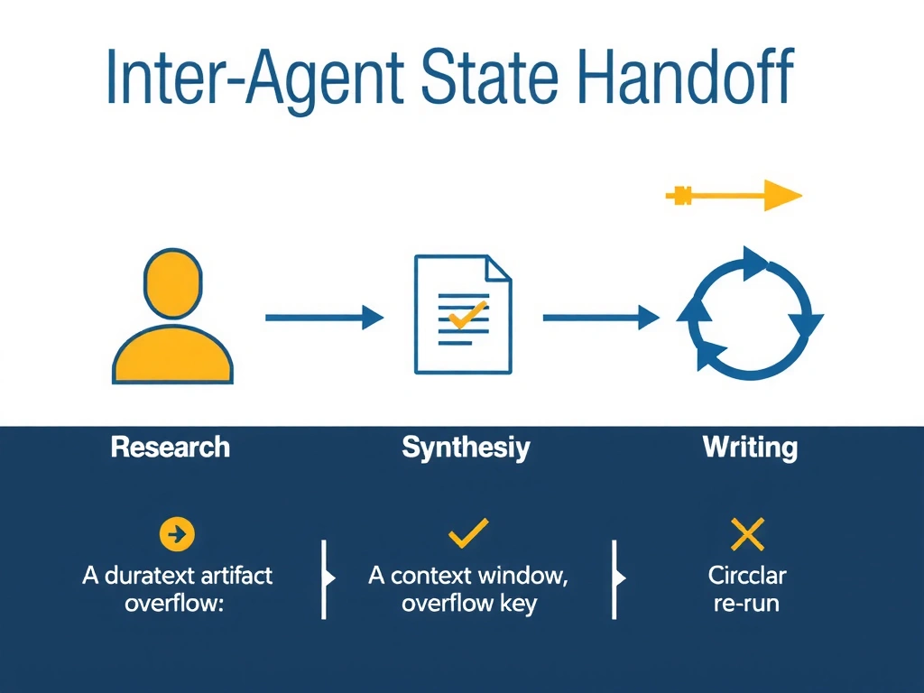 2048x1536 landscape infographic titled 'Inter-Agent State Handoff'. Three agent icons in a left-to-right sequence: Research → Synthesis → Writing. Between Research and Synthesis, a durable artifact icon (document with checkmark) is shown being written then read. Above it, crossed-out alternatives: a context window overflow icon, an environment variable key icon, a circular re-run arrow. Clean flat design, navy and gold palette.