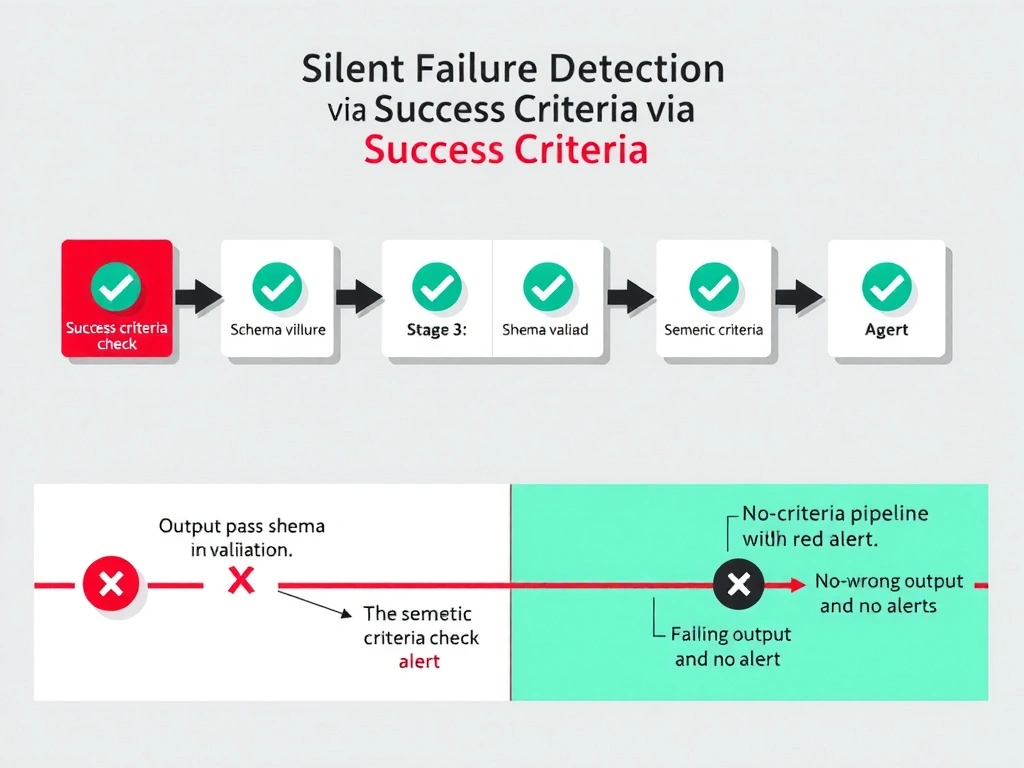 2048x1536 landscape infographic titled 'Silent Failure Detection via Success Criteria'. Five agent boxes in a pipeline. Between each box, a green checkmark icon labeled 'success criteria check'. At stage 3, the output passes schema validation but fails the semantic criteria check, triggering a red alert. Contrast panel shows no-criteria pipeline reaching the end with wrong output and no alert. Clean flat design, red and green contrast palette.