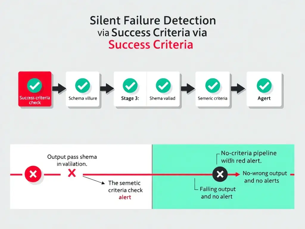 2048x1536 landscape infographic titled 'Silent Failure Detection via Success Criteria'. Five agent boxes in a pipeline. Between each box, a green checkmark icon labeled 'success criteria check'. At stage 3, the output passes schema validation but fails the semantic criteria check, triggering a red alert. Contrast panel shows no-criteria pipeline reaching the end with wrong output and no alert. Clean flat design, red and green contrast palette.