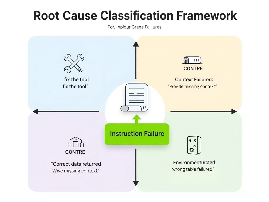 2048x1536 landscape infographic titled 'Root Cause Classification Framework'. Four quadrants: Tool Failure (wrench icon, 'fix the tool'), Instruction Failure (scroll icon, 'fix the prompt/instructions'), Context Failure (database icon, 'provide missing context'), Environment Failure (server icon, 'fix infrastructure'). Center shows a trace diagram: tool called → correct data returned → agent misinterprets → wrong table targeted. Arrow points to Instruction Failure quadrant highlighted in green. Clean flat design, four-color quadrant layout.