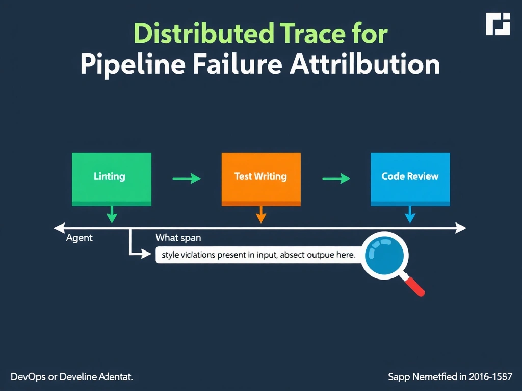 2048x1536 landscape infographic titled 'Distributed Trace for Pipeline Failure Attribution'. Three agent boxes in sequence: Linting → Test Writing → Code Review. A horizontal trace timeline shows each agent's span with input/output arrows. At the Linting agent span, a magnifying glass highlights 'style violations present in input, absent in output — gap identified here'. Clean flat design, dark navy background with bright span colors, DevOps-inspired aesthetic.