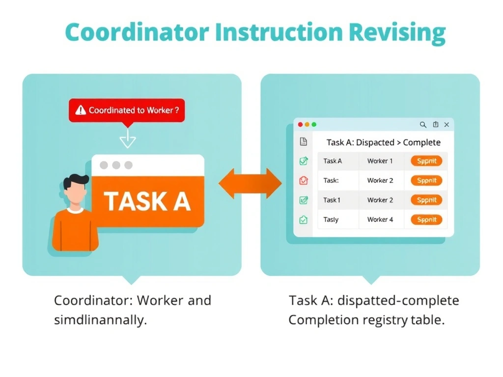 2048x1536 landscape infographic titled 'Coordinator Instruction Revision: Task State Tracking'. Left panel: coordinator dispatching Task A to Worker 1 and Worker 2 simultaneously, red duplicate assignment alert. Right panel: revised coordinator with a completion registry table (Task A: dispatched → complete), showing the dispatch check before assignment. Clean flat design, orange and teal palette, process flow arrows.